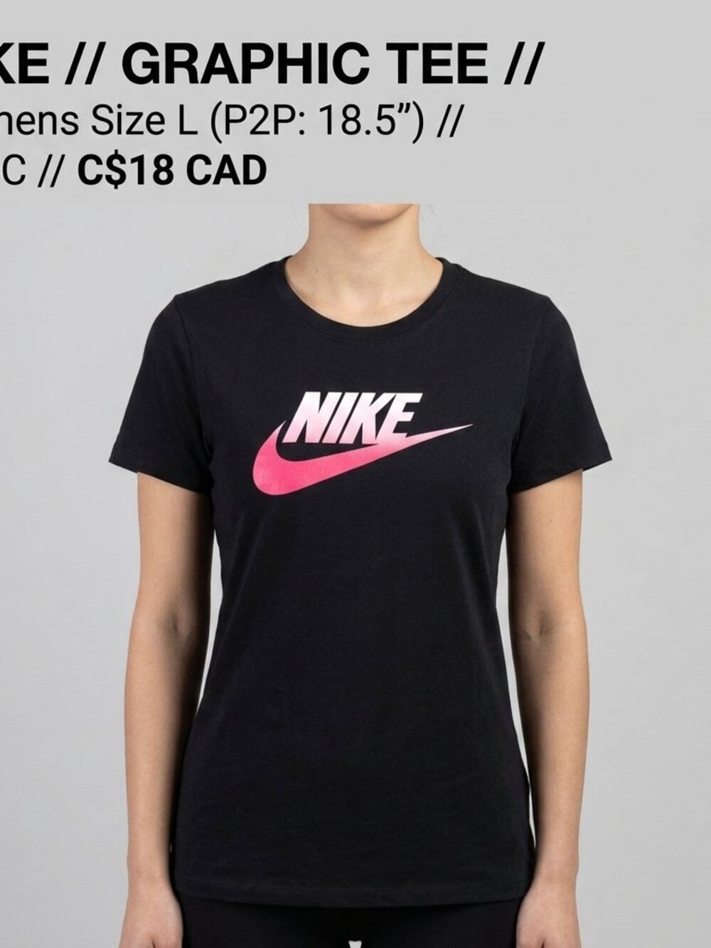 Nike Black Graphic T-Shirt Pink Ombre Swoosh Logo Womens Size Large